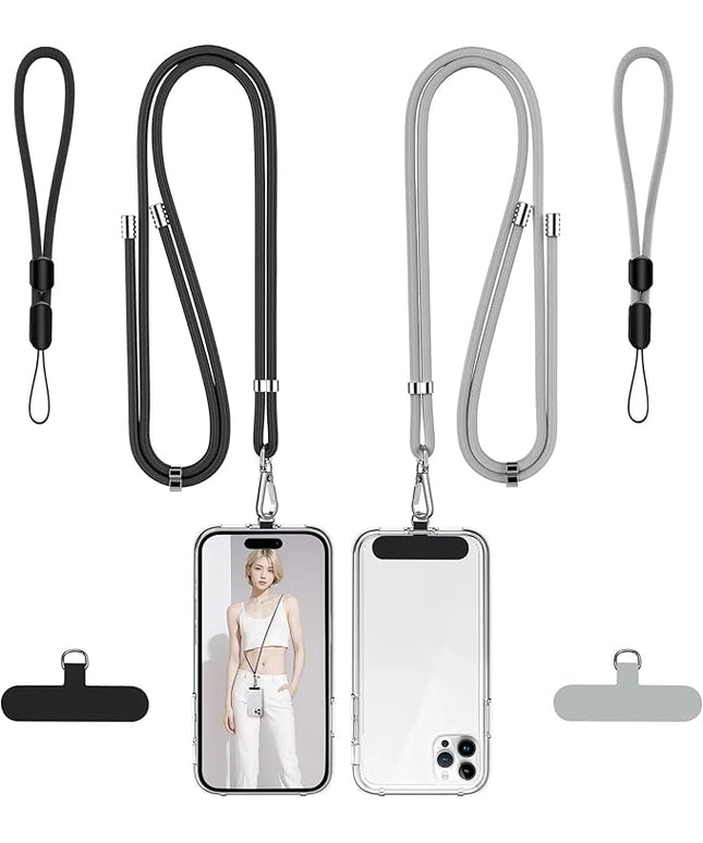 takyu Phone Lanyard, 2 Pack Adjustable Cell Phone Lanyard Crossbody Neck Strap & 2 Pack Phone Wrist Strap with 2 PcsTether Tabs Compatible for iPhone Android Smartphones-Black Grey