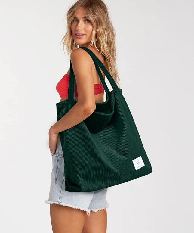 KALIDI Women Corduroy Tote Bag Zipper Casual Tote's Handbag Big Capacity Shoulder Bag with Pockets