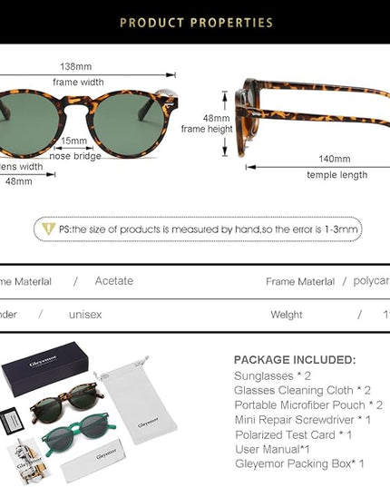 Gleyemor Vintage Polarized Sunglasses for Men Round Sunglasses UV400 Protection Retro Hand-crafted Acetate Frame