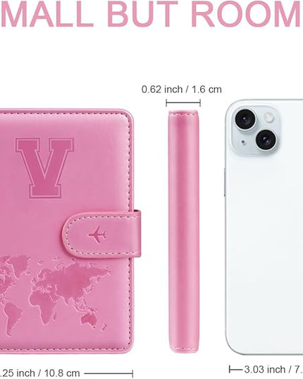 Passport Holder Cover Initail Letter A-Z Travel Wallet 3D Embossed Design RFID Blocking Card Holder Personalized Gift Passport Cover Wallet, Passport Book Holders for Women and Girls, Pink-V