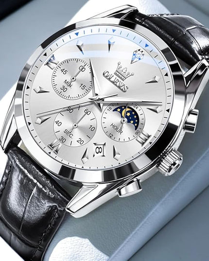 OLEVS Men's Watches Leather Strap Analog Quartz Watch, Fashion Big Dial Date Waterproof Watch, Dress Luxury Luminous Men Watches