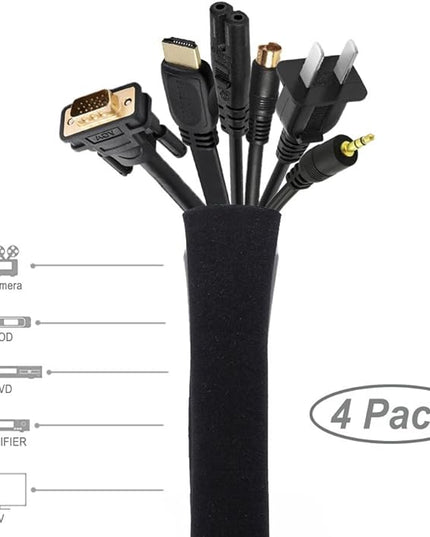 JOTO 4 Pack Cable Management Sleeve, 19-20 Inches Cord Organizer System with Zipper for TV Computer Office Home Entertainment, Flexible Cable Sleeve Wrap Cover Wire Hider System -Black