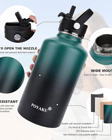 Water Bottle Insulated 32oz 40oz 64oz 128oz Straw Lid Spout Lid & 3 Lids, Leak Proof, Vacuum Insulated,Stainless Steel Water Bottle Wide Mouth for Sports, Gym or Office