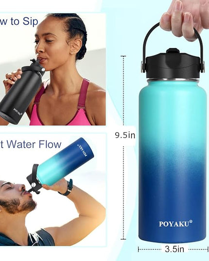Water Bottle Insulated 32oz 40oz 64oz 128oz Straw Lid Spout Lid & 3 Lids, Leak Proof, Vacuum Insulated,Stainless Steel Water Bottle Wide Mouth for Sports, Gym or Office