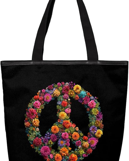 Pardick Canvas Tote Bags, Peace Symbol Flower Tote Bag Eco Friendly Reusable Grocery Shopping Bagsfor Beach, Books, Women with Zipper Inner Pocket