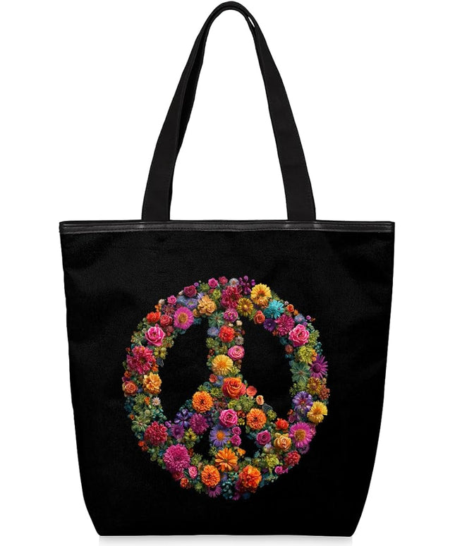Pardick Canvas Tote Bags, Peace Symbol Flower Tote Bag Eco Friendly Reusable Grocery Shopping Bagsfor Beach, Books, Women with Zipper Inner Pocket