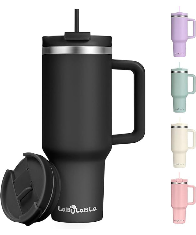 40oz Tumbler with Handle,Double Wall Vacuum Reusable Stainless Steel Insulated Water Bottle,With Leak Proof lid and Straw for Iced or Cold Beverages (Black)