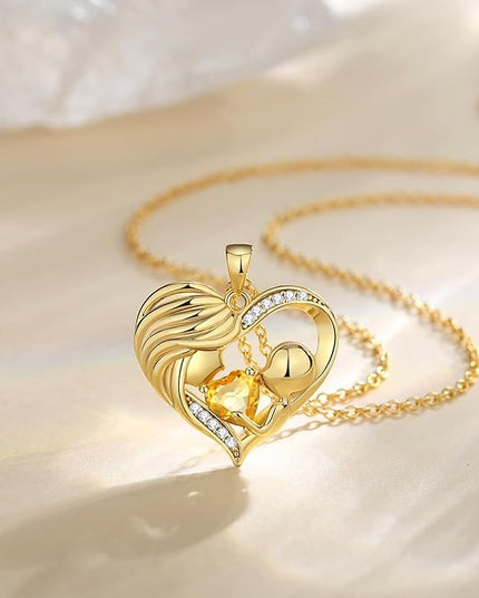 FANCIME Mom Birthstone Necklace Mother and Child Love Heart Necklace I Love You Mom Gifts Mothers Day Birthstone Jewelry Gifts for Grandmother Women Wife, 16"+2" Inches