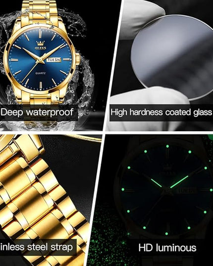 OLEVS Men's Luxury Watch Waterproof Luminous Easy Read Chronograph Watches Full Gold/White Dail/Black Face with Calendar Wristwatch