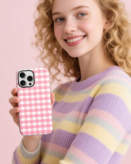Magnetic for iPhone 16 Pro Max Case Cute Checkered Stripes Phone Case for Women Girls, Shockproof Slim TPU and Hard PC Protective Phone Cover Compatible with MagSafe Designed, Red
