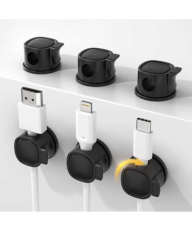 Rotatable Cord Organizer 6Pack, Spring Cable Clips With Clasp Lock, No-Residue Adhesive Cable Organizer, Cord Holder for Nightstand Car Home Office (Black)