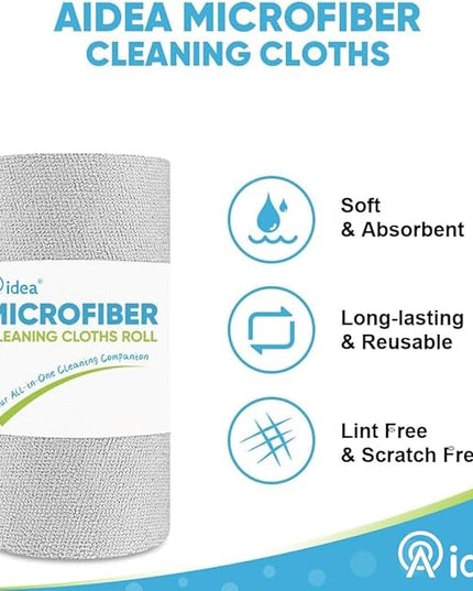 AIDEA Microfiber Cleaning Cloth Roll, Shop Towels 55 Sheets, Grey Microfiber Towels for Cars, Washable Shop Rags Reusable Paper Towel for Automotive, Workshop, House, Kitchen, Cleaning Supplies11×9"