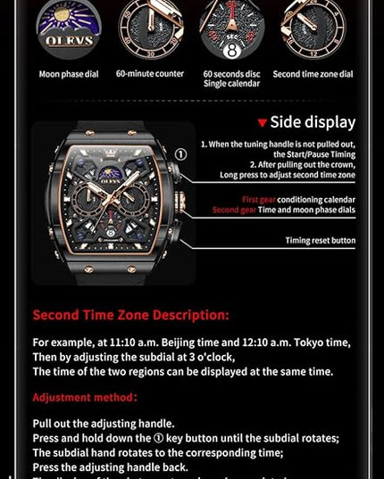 OLEVS Watches for Men Casual Luxury Large Face Multifunctional Chronograph Men's Watches Durable Silicone/Nylon Strap 3ATM Waterproof Men Watch Date Moon Phase Analog Quartz Watch Reloj para Hombre