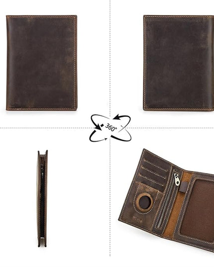 CONTACTS Full Grain Leather Passport Holder RFID Blocking Travel Passport Wallet Compatible with Airtag Slim Passport Cover Case with 4 Cards Slots, Coin Pocket (Brown)
