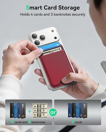 Fanseesy for MagSafe Wallet with Stand, 5 Card Holder, Slim Leather Magnetic Wallet for iPhone 17/16/15/14/13/12 Pro Max Plus Air Series, 3 Card Slots & 1 Cash Slot,WineRed