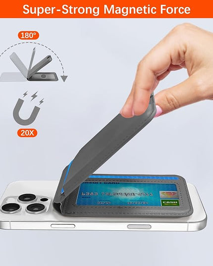for Magsafe Wallet, Phone Cardholder with Adjustable Stand, Magnetic Card Holder with 3 Card Slots, Magnetic Wallet for iPhone 16/15/14/13/12 Series, Not for iPhone 13/12 Mini(Gray, Leather)