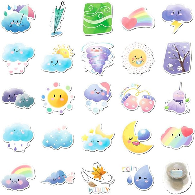 Soft Pastel Weather Vinyl Stickers, 50 PCS Waterproof Watercolor Character Decals for Laptops, Scrapbooking, Journals, Notebooks, Water Bottles, Suitcases, Phones & DIY Decor