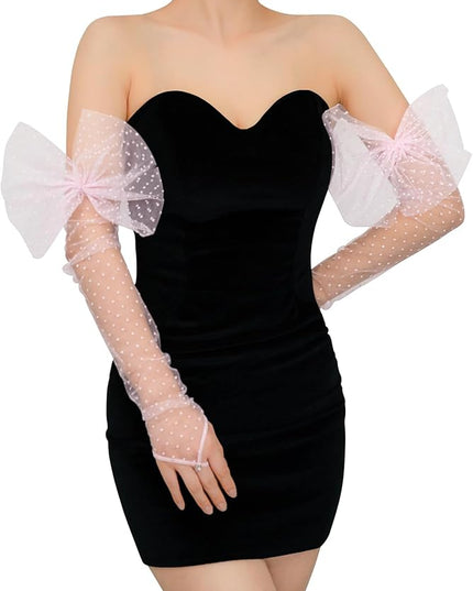 Long Fingerless Lace Gloves with Bow Polka Dot Wedding Bridal Mesh Sheer Gloves Long Opera Party Accessories
