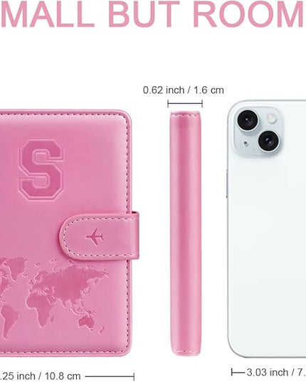 Passport Holder Cover Initail Letter A-Z Travel Wallet Embossed Design RFID Blocking Card Holder Personalized Gift Passport Cover Wallet, Passport Book Holders for Women and Girls, Pink-S