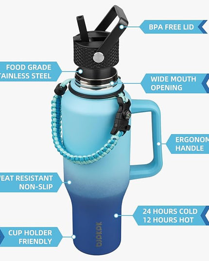 BJPKPK Insulated Water Bottles with Straw Lid, 40oz Metal Water Bottle with 2 lids & Paracord Strap, Double Wall Stainless Steel Tumbler with Handle, Reusable Cups, Mugs, Thermo, Sky