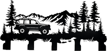 Metal Car Coat Hooks and Key Holder, Mountain Design Wall Art Decor with 5 Hooks, Clothes Hat Rack, and Backpack Hanger, Storage Decor for Living Room, Hallway, Office, Kitchen, Entryway, and Bedroom