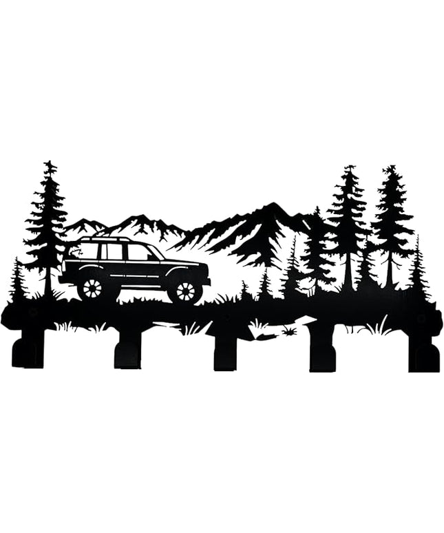 Metal Car Coat Hooks and Key Holder, Mountain Design Wall Art Decor with 5 Hooks, Clothes Hat Rack, and Backpack Hanger, Storage Decor for Living Room, Hallway, Office, Kitchen, Entryway, and Bedroom