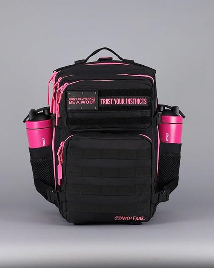 WOLFpak 35L Athletic Gym Backpack - Durable 1000D Waterproof Oxford Material with MOLLE Webbing, Laptop Pocket & Dual Cup Holders, Durable Fitness/Travel/Military Daypack (Black Neon Pink)