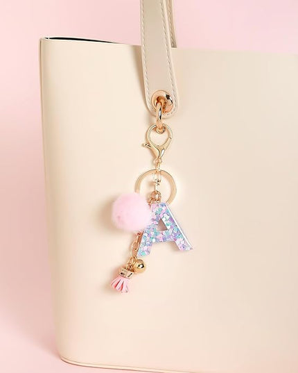 Resin Alphabet Initial Letter Keychain Keyring for Women Purse Handbags With Fur Ball Pom