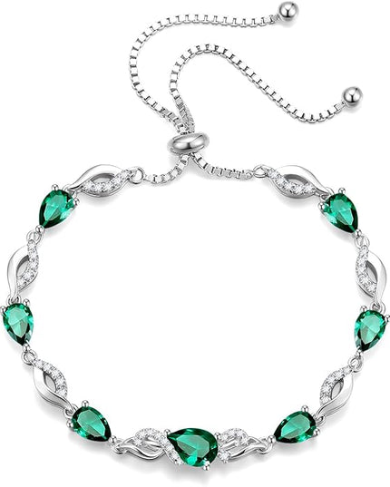 FANCIME Birthstone Teardrop Tennis Bracelet for Women, Sterling Silver 9x7mm main Gemstone Bolo Adjustable Chain Bracelet Fine Jewelry Birthday Gifts for Women Mom Wife Her