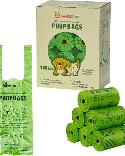 OrangeBio Dog Poop Bags with Handles, 100% Certified Home Compostable, 13 x 9 Inches - 180 Count (15 Bags per Roll, 12 Rolls), OK Compost Home