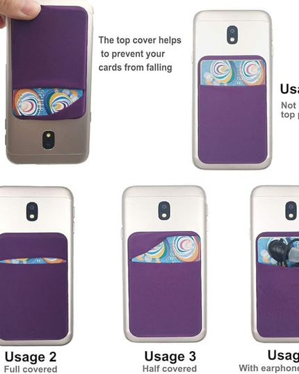3Pack Cell Phone Card Holder Pocket for Back of Phone,Stretchy Stick on Wallet Credit Card ID Case Pouch Sleeve Self Adhesive Sticker with Flap for iPhone Samsung Galaxy-2Black+1Purple