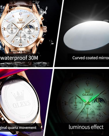 OLEVS Men's Watches Leather Strap Analog Quartz Watch, Fashion Big Dial Date Waterproof Watch, Dress Luxury Luminous Men Watches