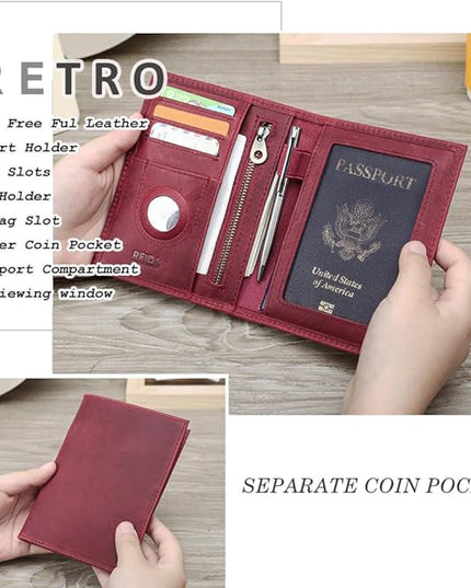 CONTACTS Full Grain Leather Passport Holder RFID Blocking Travel Passport Wallet Compatible with Airtag Passport Cover Case with 4 Cards Slots, Coin Pocket (Wine Red)