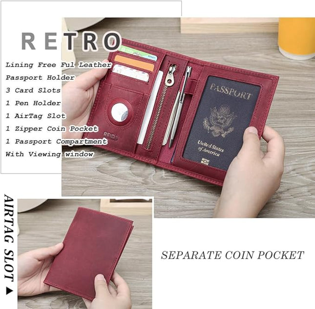 CONTACTS Full Grain Leather Passport Holder RFID Blocking Travel Passport Wallet Compatible with Airtag Passport Cover Case with 4 Cards Slots, Coin Pocket (Wine Red)