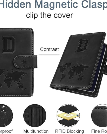 Passport Holder Wallet Cover Personalized Letter A-Z Travel Wallet RFID Blocking Passport Cover Wallet Case for Travel Passport Book Holders for Women and Men, Black-D
