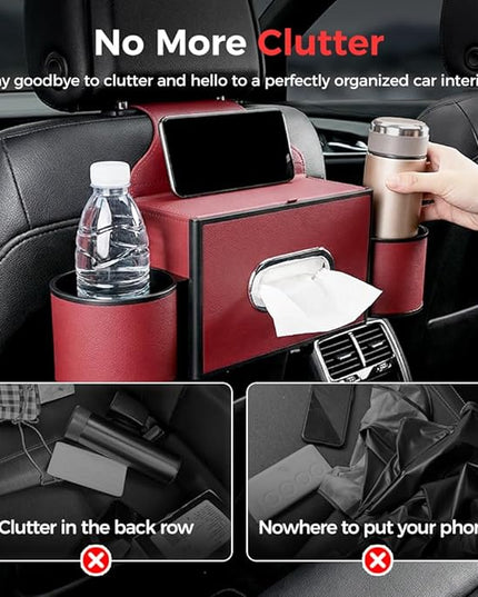 3-in-1 Car Backseat Organizer with Cup Holder, Tissue Box, Trash Bin & Hooks,Multifunctional Back Seat Car Organizer for Hold Phones, Snacks, Drinks, and Handbags (A- Red)
