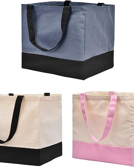 3 Pack Canvas Reusable Grocery Bags Heavy Duty（Blue + Pink + Black）, 8.3 gal Foldable Large Tote Bag with Handles, Holds 60 lbs Canvas Shopping Bags & Washable Eco-friendly Bags with 5 Pockets