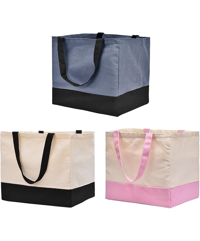3 Pack Canvas Reusable Grocery Bags Heavy Duty（Blue + Pink + Black）, 8.3 gal Foldable Large Tote Bag with Handles, Holds 60 lbs Canvas Shopping Bags & Washable Eco-friendly Bags with 5 Pockets