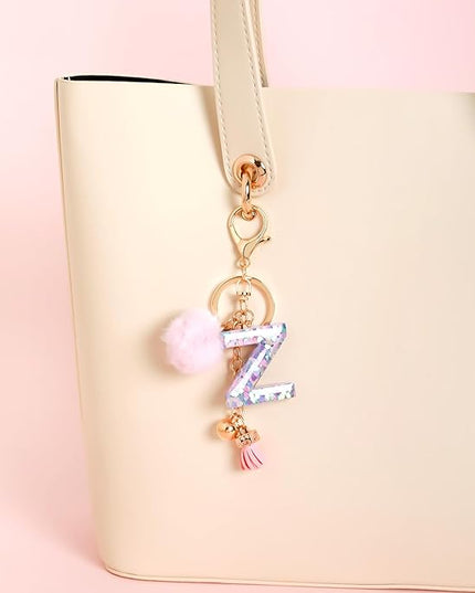 Resin Alphabet Initial Letter Keychain Keyring for Women Purse Handbags With Fur Ball Pom