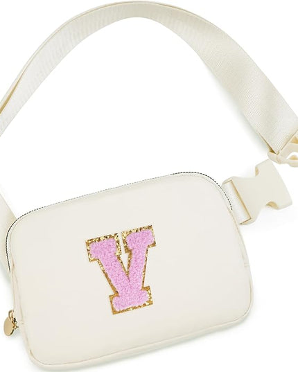 Uygafly Personalized Belt Bag for Women Girls - Fashion Mini Waist Packs with Adjustable Strap - Trendy Travel Fanny Pack Crossbody Bags with Initial Letter - Teen Gifts | Cream,V