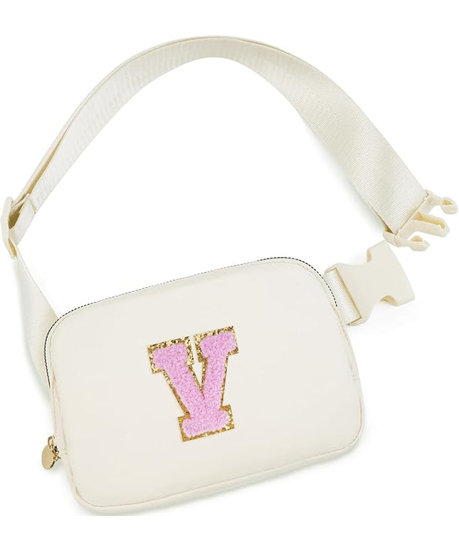 Uygafly Personalized Belt Bag for Women Girls - Fashion Mini Waist Packs with Adjustable Strap - Trendy Travel Fanny Pack Crossbody Bags with Initial Letter - Teen Gifts | Cream,V