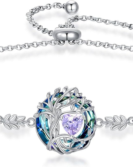 TOUPOP Tree of Life Birthstone Bracelet 925 Sterling Silver Family Tree Austrian Crystal Jewelry Anniversary Birthday Christmas Gifts for Women Wife Girlfriend Her