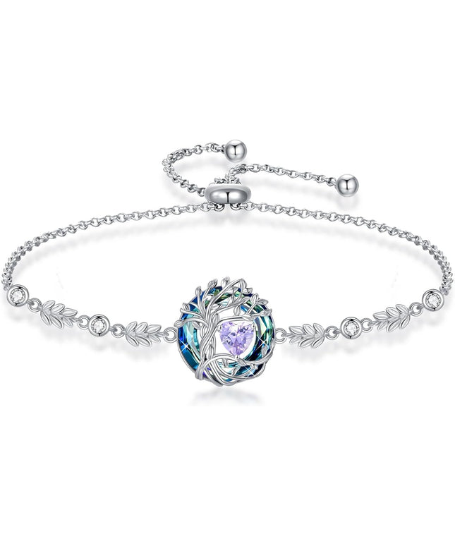 TOUPOP Tree of Life Birthstone Bracelet 925 Sterling Silver Family Tree Austrian Crystal Jewelry Anniversary Birthday Christmas Gifts for Women Wife Girlfriend Her