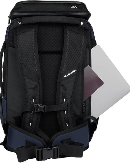 Käydä 36L Travel Backpack - Spacious Carry On Backpack with Detachable Travel Pouch, Magnetic Water Bottle Pocket, Passport and Laptop Pocket - Convertible Boot Bag for Snow Sports (Steel Blue)