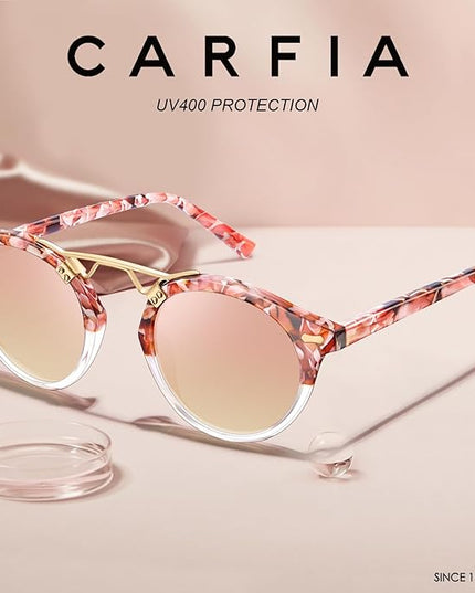 CARFIA Small Face Acetate Polarized Sunglasses for Women UV Protection, Retro Double Bridge Eyewears Metal Brow Round Sunnies