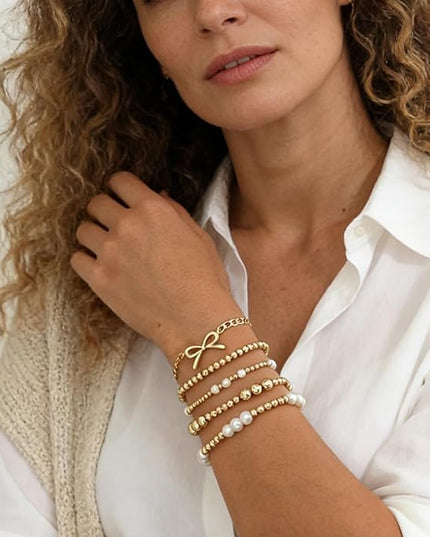 Gold Beaded Bracelets for Women, 14K Real Gold Plated Jewelry for Women Dainty Pearl Bead Bracelets Stack, Non Tarnish Trendy Stackable Ball Cross Stretch Bracelet Set Fashion Accessories Gifts