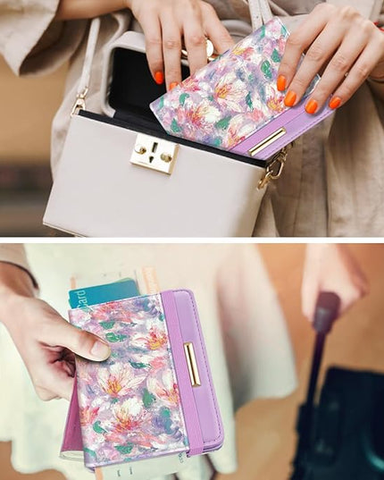 Passport Holder Cover Travel RFID Blocking Passport Cover Rose Gold Cute Flowers Passport Wallet with Elastic Band for Women