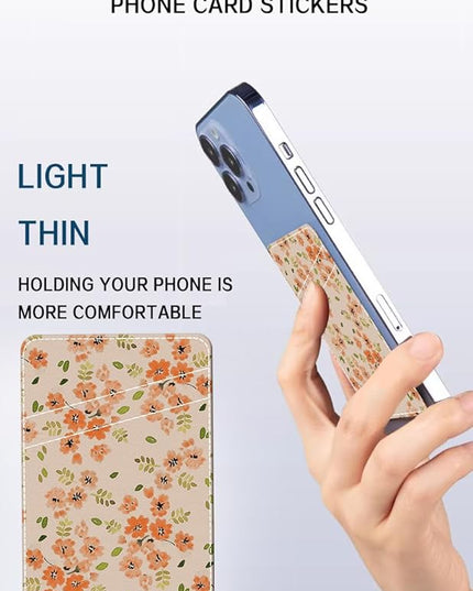 Phone Wallet, Cute Leather Phone Card Holder, Dual Pocket Credit Card Sticky Wallet, Compatible with Most Cell Phones, Luxurious Orange Flower