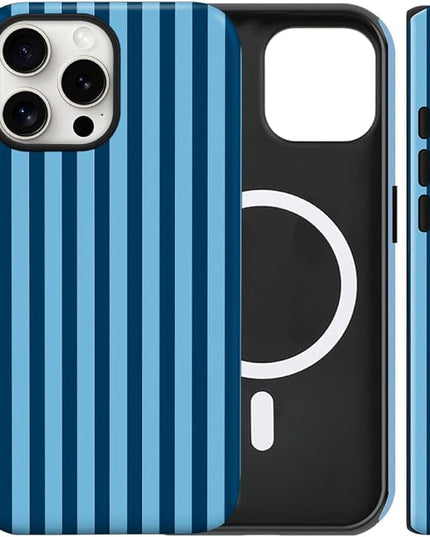 Magnetic for iPhone 13 Pro Case Cute Stripes Phone Case, Shockproof Slim TPU and Hard PC Protective Phone Cover Compatible with MagSafe Designed for Women Girls, Lake Blue