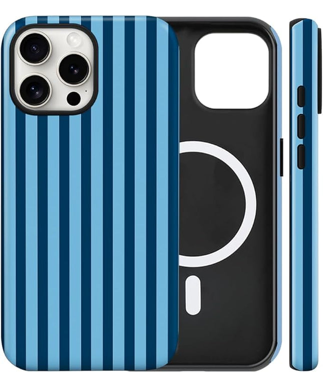 Magnetic for iPhone 15 Pro Case Cute Stripes Phone Case, Shockproof Slim TPU and Hard PC Protective Phone Cover Compatible with MagSafe Designed for Women Girls, Lake Blue